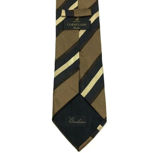 Corneliani Tie Brown Beige Navy Blue Striped 100% Silk Italian Necktie - Picture 7 of 11